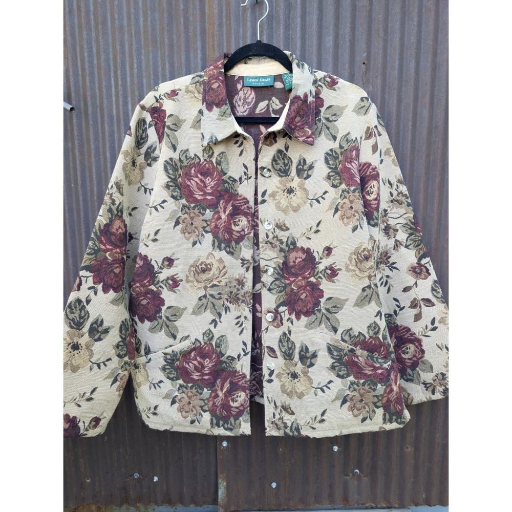 Vintage 90s Floral Tapestry Blazer Women Large Lemon Grass Roses Cottagecore